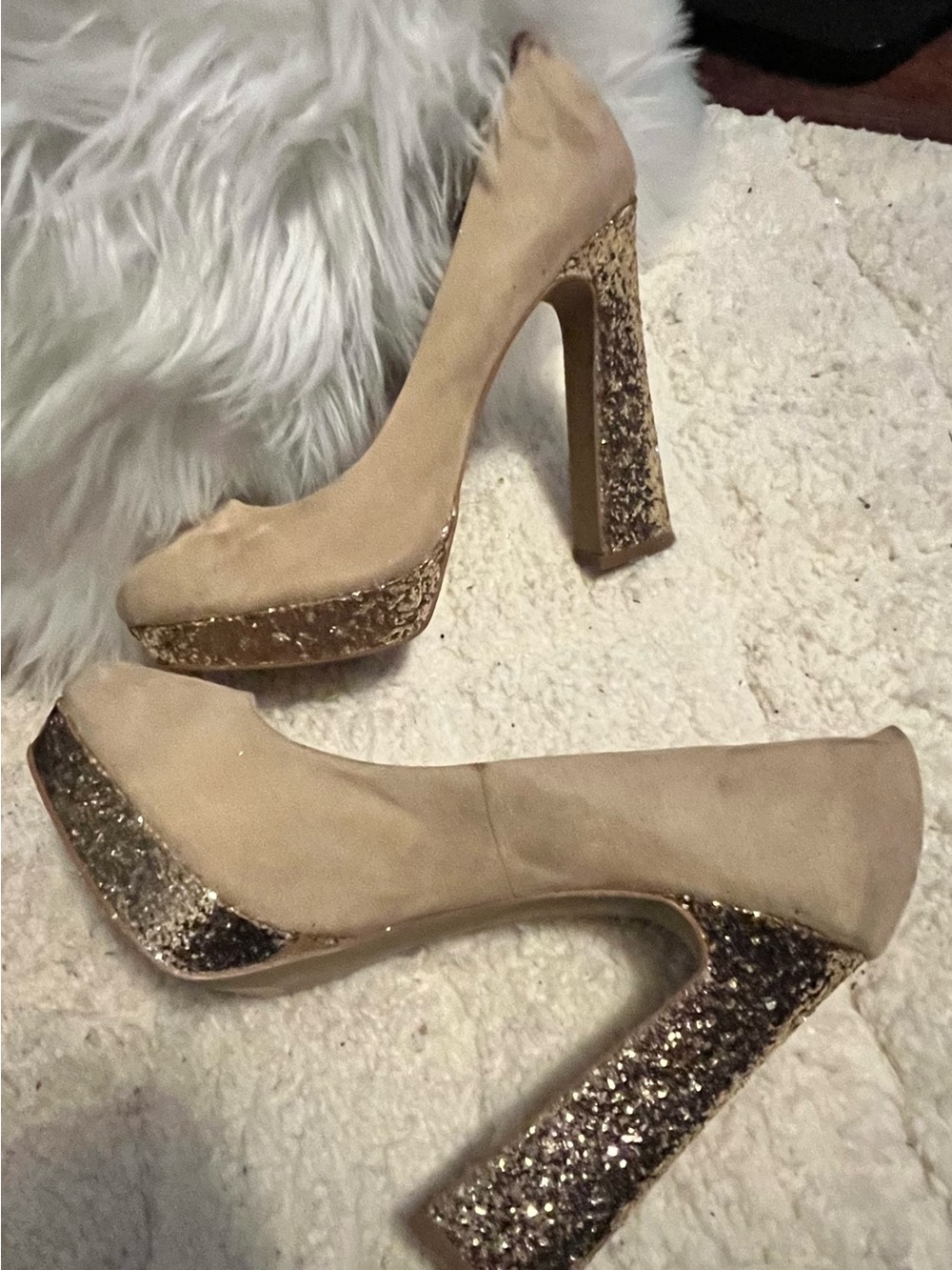 Elle Nude Suede Platform Pumps with Gold Glitter Block Heels